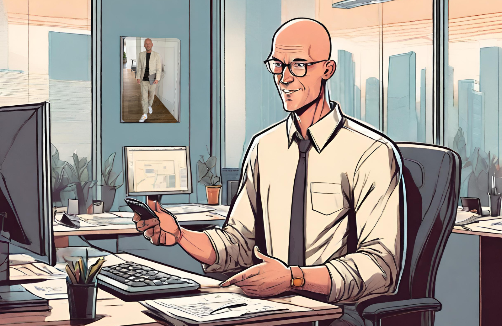 Comic gezeichnet, man mit Glatze der im Büro arbeitet